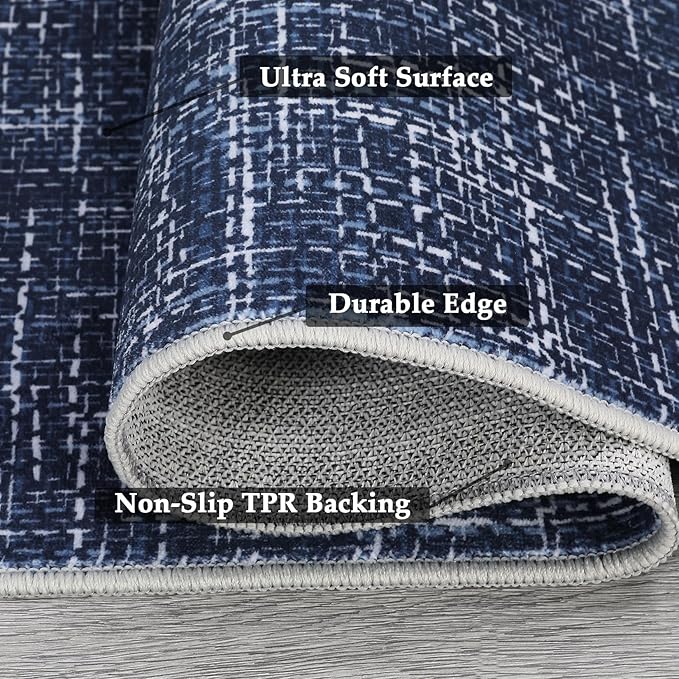 2x6 Runner Rug Washable Kitchen Runner Rug Modern Abstract Runner Mat for Hallway Contemporary Solid Rug Non-Slip Foldable Aesthetic Accent Floor Carpet for Living Room Bedroom, Blue