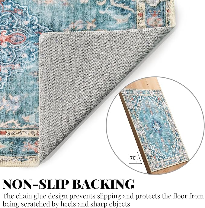 MUJOO Boho Rug 4'x6.5' Area Rugs for Bedroom Living Room Dining Room Teal Small Machine Washable Non Slip Carpet for Office Dorm Bedside Kitchen Laundry Room Accent Soft Blue Floral