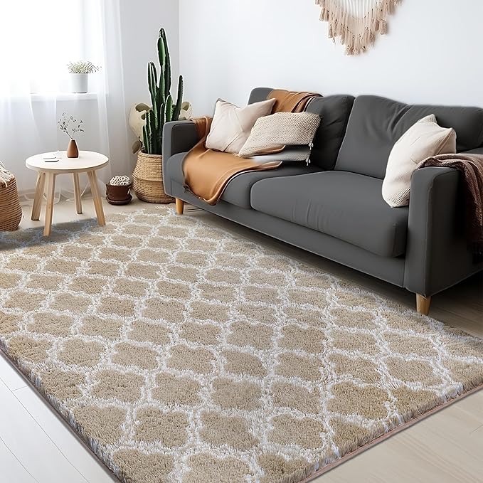 Luxury Area Rug 6x9 Feet Shag Rugs for Living Room, High Pile Fluffy Carpet for Bedroom, Kids Room, Nursery, Home Decor, Geometric, Beige/White