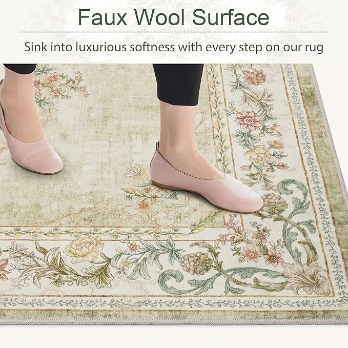 RYB HOME Washable Long Runner Rug 2x8 for Enterway Hallway, Floral Vintage Carpet for Bedroom, Soft Faux Wool Non Slip Rug Runner for Living Room, 2x8 ft, Sage Green