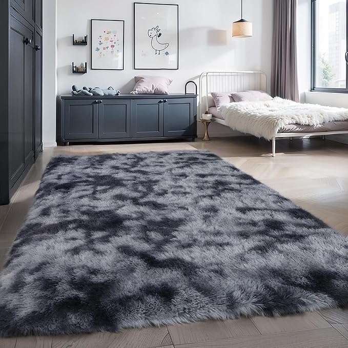 4x6 Dark Grey Fluffy Shag Rug for Bedroom, Soft Plush Fuzzy Washable Non Slip Floor Cozy Carpet for Living Room, Modern Comfy Furry Shaggy Area Rug for Kids Baby Nursery Dorm, Tie-Dye Gray