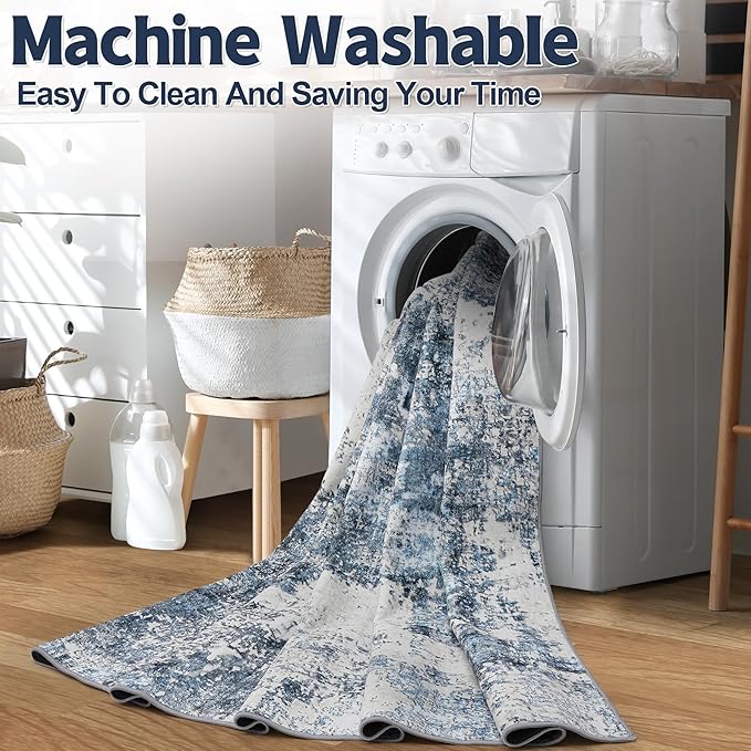 Washable Rug 6x9 Area Rugs: Soft Large Living Room Rug with Anti-Slip Backing Non-Shedding Stain-Resistant Modern Abstract Carpet for Bedroom Dining Room Nursery Home Office-Blue