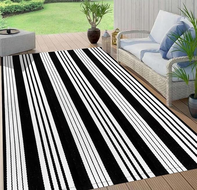 BUAGETUP Black and White Outdoor Patio Rug,5x8ft Striped Outdoor Rug Machine Washable Hand Woven Cotton for Living Room Front Porch