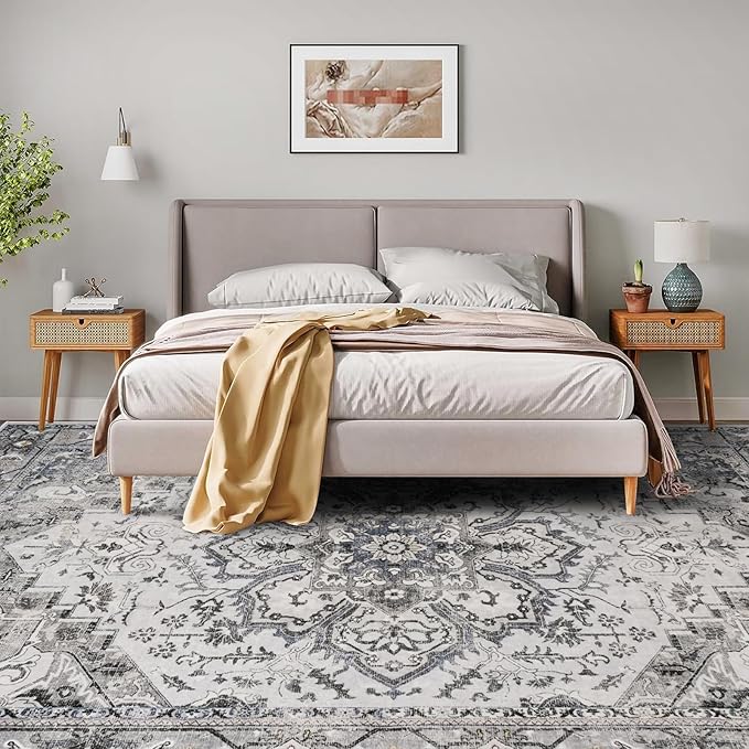 Washable Area Rug 8x10 - Living Room Farmhouse Vintage Oriental Rug Large Distressed Non-Slip Stain Resistant Carpet for Bedroom Dining Room Home Office (8x10 Grey/Blue)