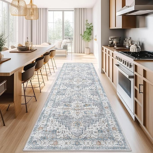 jinchan Runner Rug 3x8 for Hallway - Kitchen Machine Washable Vintage Floral Non-Slip with Rubber Backing Ultra-Thin Low-Pile Carpet Runner for Bedroom Laundry Room (3x8ft,Grey/Blue)