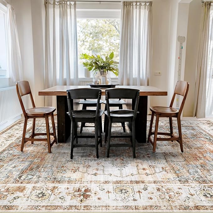 Area Rugs for Living Room 9x12 - Large Machine Washable Vintage Oriental Soft Rug, Low Pile Thin Carpet with Non Slip Backing for Bedroom, Dorm, Under Dining Room Table, Indoor House, Office Decor