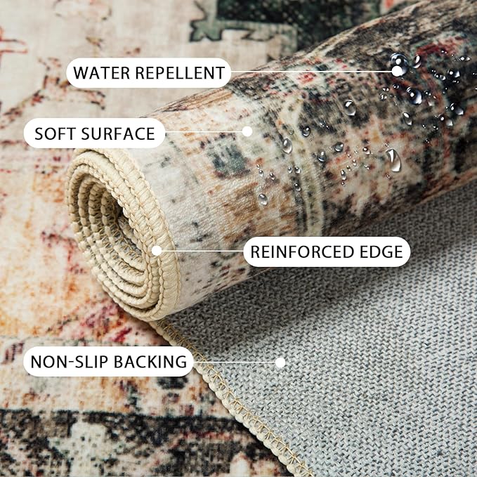 Washable 9x12 Area Rugs, Rugs for Living Room, Low-Pile Water&Stain Resistant Carpet Vintage Distressed Printed Non-Slip Carpet for Bedroom Bathroom Kitchen-Green