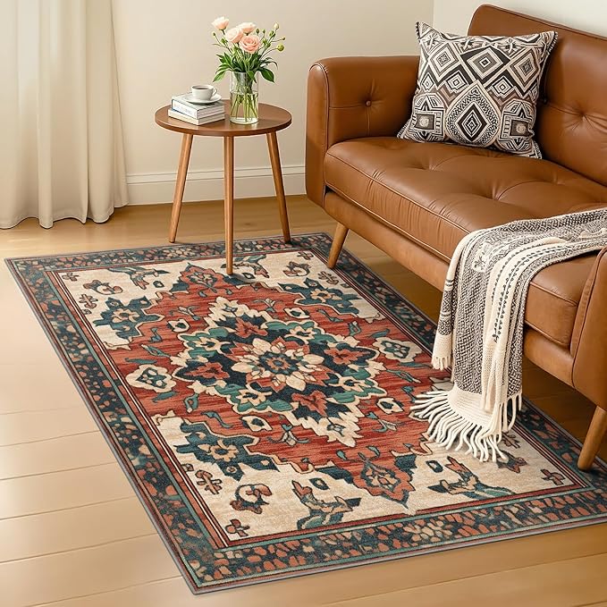 3x5 Machine Washable Non-Slip Area Rug & Mat - Soft Faux Wool & Polyester, Boho Stain-Resistant Indoor Throw Carpet for Entryway, Kitchen, Bathroom, Bedroom, Living, Low Pile, High Traffic