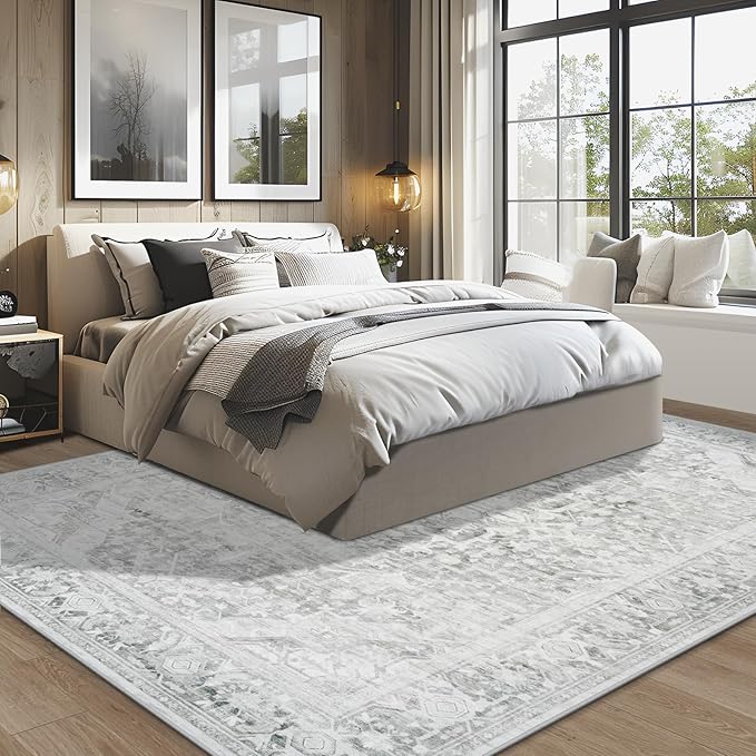 Washable Rugs 8x10 Area Rugs, Soft Vintage Living Room Rug with Anti-Skid Backing Stain Resistant Thin Indoor Carpet Large Area Rug for Bedroom Under Dining Room Table Nursery Entryway-Gray/Black