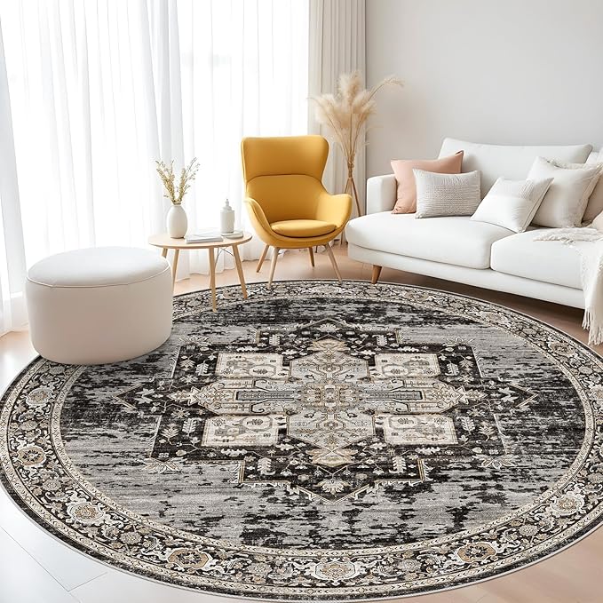 RUUGME Hallway 6ft Round Rugs - Boho Rugs for Living Room Stain Resistant Carpet Vintage Tribal Rugs for Bedroom Kitchen Dining Room with Non Slip Backing Home Decor Floor Decoration Mat 6ft Black