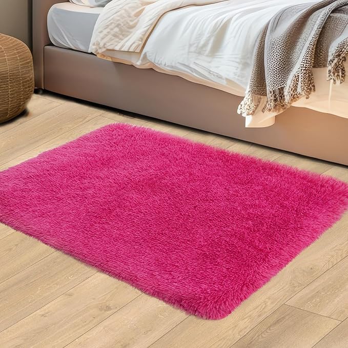 2x3 Rugs for Bedroom, Fluffy Area Rugs for Living Room, Soft Shag Kids Rug Small Carpet with 4 Non-Slip Rug Pads (Hot Pink,2ft x 3ft)
