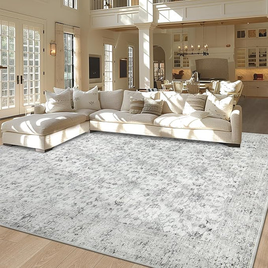 Washable Rugs 8x10 Area Rugs, Soft Vintage Living Room Rug with Anti-Skid Backing Stain Resistant Thin Indoor Carpet Large Area Rug for Bedroom Under Dining Room Table Nursery Entryway-Light Gray