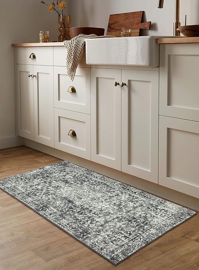 Morebes Vintage Black Bathroom Rug 2x4.3, Washable Bath Mat Non Slip Stain-Resistant Entryway Rug, Medallion Soft Low Pile Carpet Runner for Entrance Hallway Kitchen