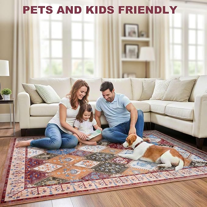 8x10 Washable Area Rug for Living Room, Brown Boho Non-Slip Bedroom Rugs, Moroccan Floral Trellis Carpet Soft Low Pile Accent Indoor Mat for Kitchen Laundry Room