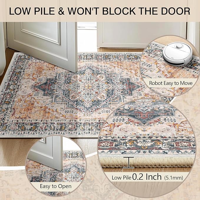 3x5 Area Rug Boho Machine Washable Living Room Rug Non Slip Low Pile Vintage Print Distressed Soft Carpet for Bedroom Diningroom Black/Yellow/Pink