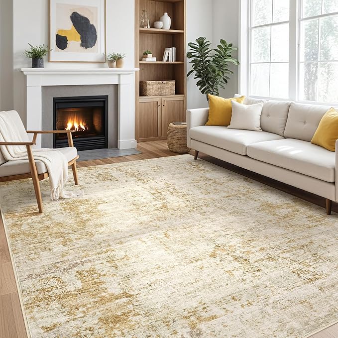 10x12 Area Rug Living Room Rugs - Washable Neutral Modern Abstract Soft Thin Large Rug Indoor Floor No Slip Rug Carpet for Bedroom Under Dining Table Home Office Decor - Golden Brown