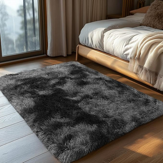 Zentavio Area Rugs for Living Room Small Carpet for Bedroom 3x5 Bedside Washable Soft Fluffy Shag Aesthetic Plush High Pile Throw Rug for Nursery Kids Room Dorm Room Tie-Dyed Black Grey