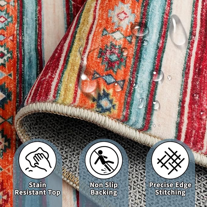 10x14 Washable Area Rug - Living Room Bedroom Non - Slip Rubber Backing Low Pile Ultra - Thin Stain Resistant Indoor Carpet with Soft Southwest Aztec Striped Design (10x14 Multi)