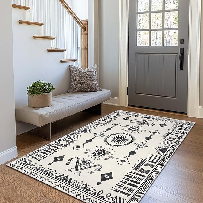 3x5 Area Rug Machine Washable Entryway Rugs Western Tribal Southwestern Black White Rug Non-Slip Low Pile Door Mat Entrance Small Carpet for Home Kitchen Bathroom Bedroom