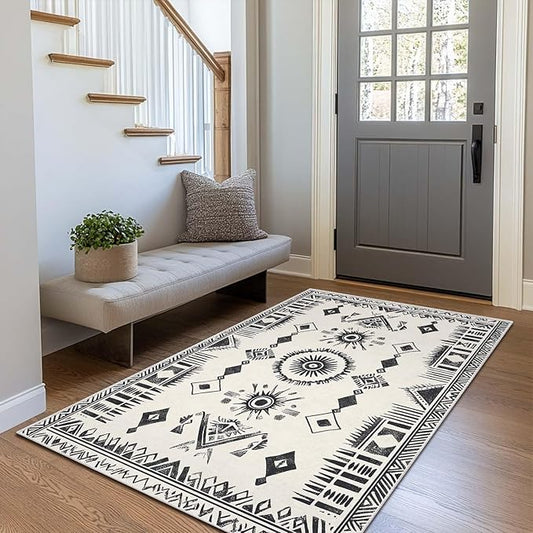 3x5 Area Rug Machine Washable Entryway Rugs Western Tribal Southwestern Black White Rug Non-Slip Low Pile Door Mat Entrance Small Carpet for Home Kitchen Bathroom Bedroom