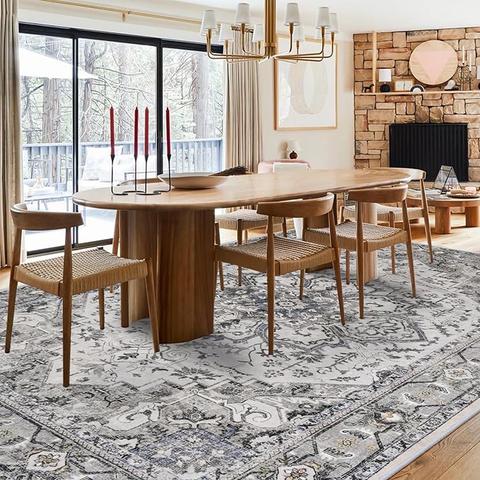 Washable Area Rug 8x10 - Living Room Farmhouse Vintage Oriental Rug Large Distressed Non-Slip Stain Resistant Carpet for Bedroom Dining Room Home Office (8x10 Grey/Blue)