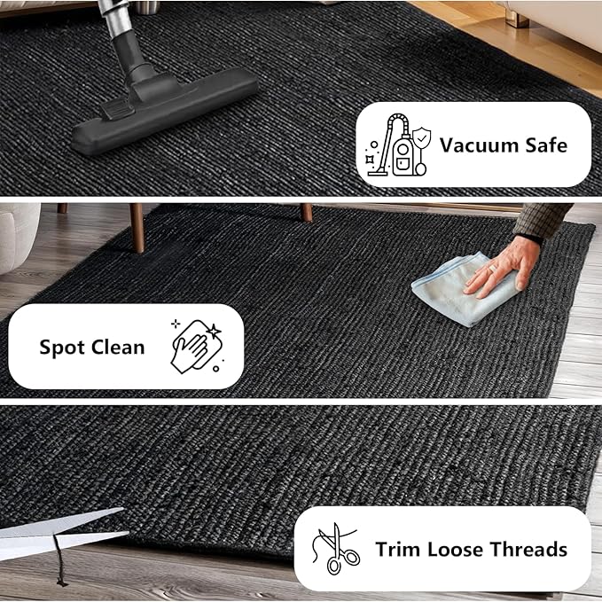 GRUHUM Black Jute Area Rug 9x12 Feet Rectangle Natural Fiber Boho Braided Handwoven Farmhouse Rustic Vintage EcoFriendly Large Carpet Home Décor Rugs - Living Room Hallways Bedroom Enterwayss 9x12'ft