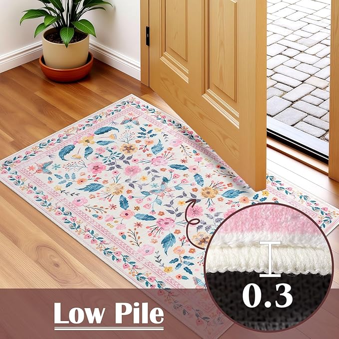 Terrug 2x3 Pink Floral Area Rug for Entryway,Boho Machine Washable Throw Rugs with Non-Slip Blacking for Kitchen,Small Flower Carpet for Bedroom Front Door Laundry Floor Decor