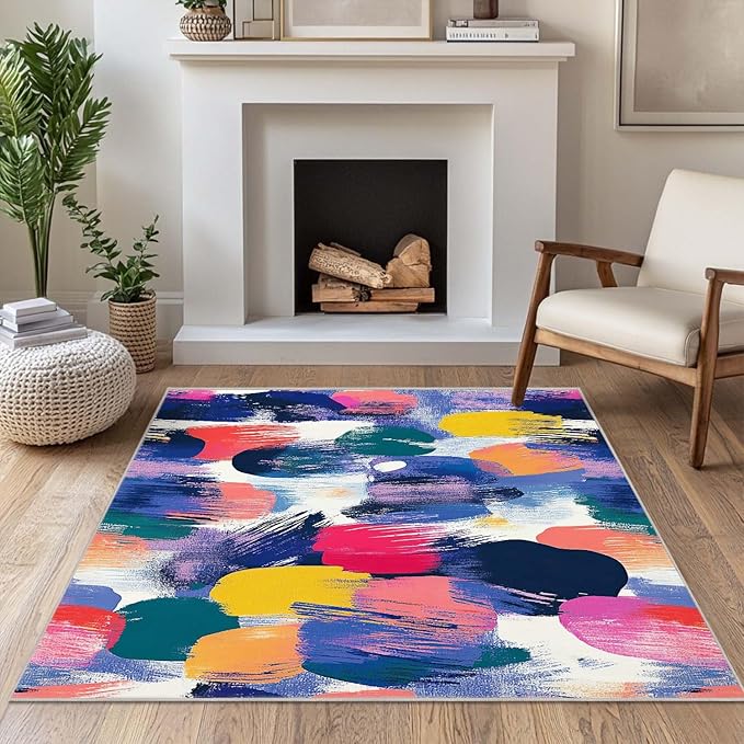 4x6 Rug Abstract Colorful Area Rug Bedroom Ultra-Thin Soft Low Pile Large Carpet Living Room Non Slip Dining Room Office Stain Resistant Washable Machine