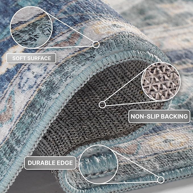 Vintage Large Rugs for Living Room, 6x9 Washable Area Rugs Non Slip, Soft Blue Rug for Bedroom, Distressed Non-Shedding Throw Rug for Entryway Kitchen Foyer Playroom, Blue Carpet 6x9