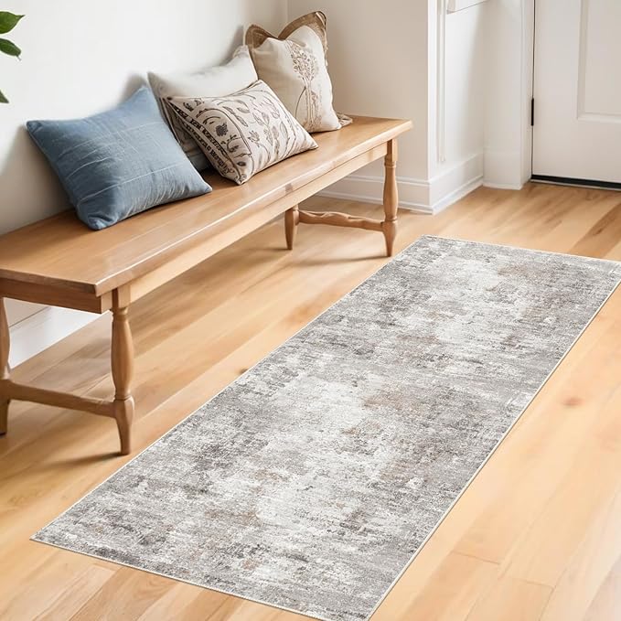 2x5 Non-Slip Washable Runner Rug – Modern Neutral Abstract Small Rug for Hallway, Kitchen, Bathroom, Bedroom, Entryway, Laundry Room – Thin Soft Low-Pile Rubber Backing (Beige/Grey)