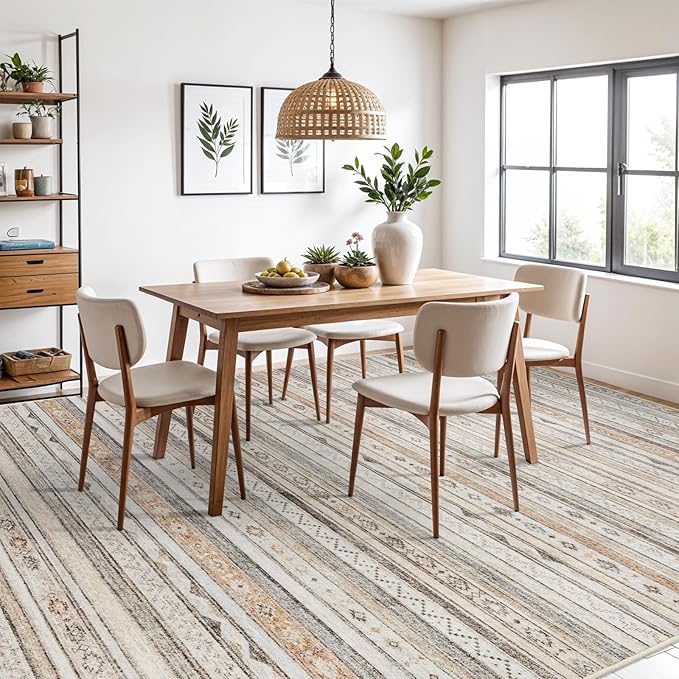 10x14 Rug for Living Room Washable, Large Striped Farmhouse Area Rugs for Bedroom Soft Ultra Thin Indoor Carpet Non Slip Stain Resistant Dining Room Rug Waterproof Southwest Style, 10x14 Beige/Multi