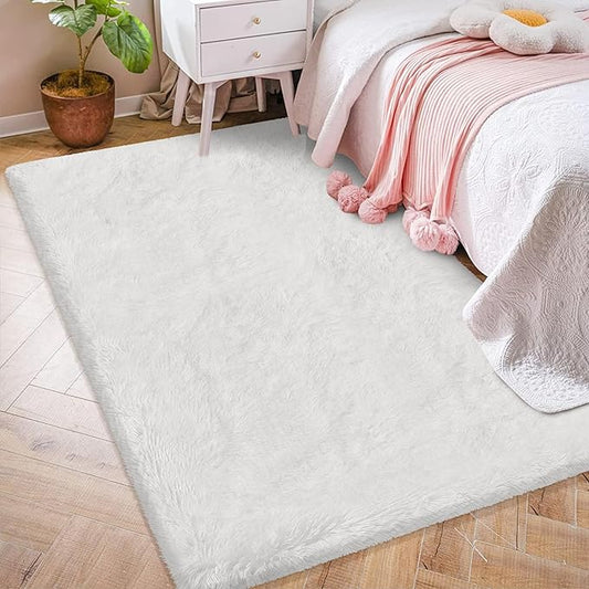 White Fluffy Rug for Bedroom Living Room, 4x6 Furry Cream Area Rug Soft Fuzzy Shag Carpet for Boys Girls Room Dorm Dresser Bedside, Plush Thick Throw Kids Shaggy Rug Non-Slip for Nursery