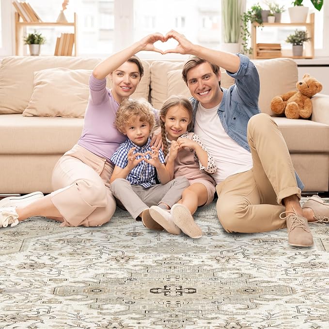 Washable Area Rug 9x12 - Bedroom Living Room Large Indoor Rugs Soft Oriental Vintage Rugs Non-Slip Backing Stain Resistant for Farmhouse Kitchen (9x12 Ivory/Multi)