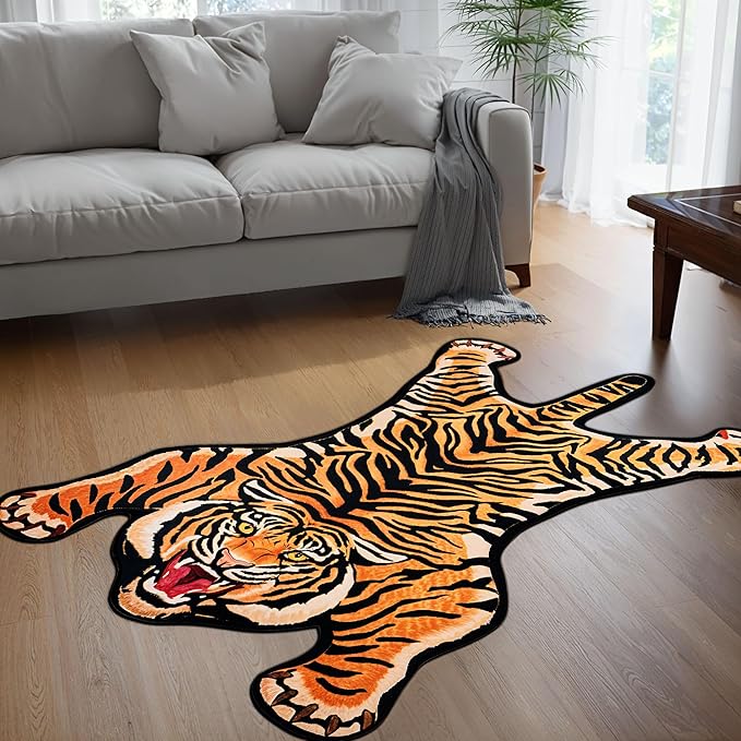 Tiger Printed Skin Area Rugs, Non- Slip Rug for Bathroom, Tiger Door Mat, Machine Washable Carpet for Bed Room 01
