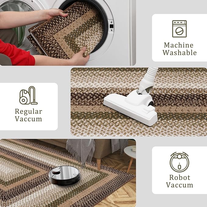 Imitation Braided Collection-Print Washable Runner Rugs 2x6 Hallway Rug with Non-Slip Backing, Farmhouse Low PileCarpet, Contemporary Bordered Indoor Mat for Bedroom, Kitchen, Laundry
