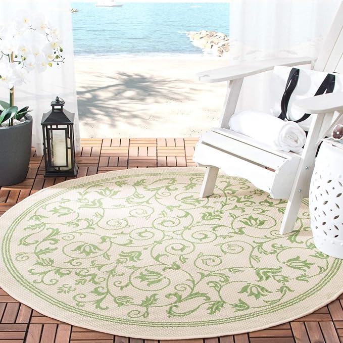 SAFAVIEH Courtyard Collection Area Rug - 6'7" Square, Natural & Brown, Scroll Design, Non-Shedding & Easy Care, Indoor/Outdoor & Washable-Ideal for Patio, Backyard, Mudroom (CY2098-3001)