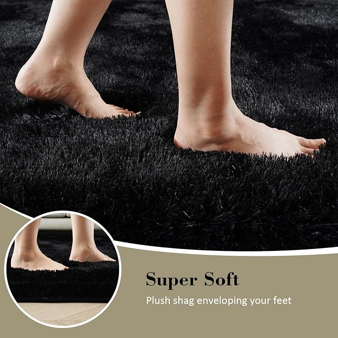 Fluffy Rug Shaggy Area Rug, Black 4x6 Area Rugs for Bedroom, Small Bedside Rug, Soft Fluffy Shaggy Entryway Throw Rugs for Living Room Bedroom Kids Room Home Decor