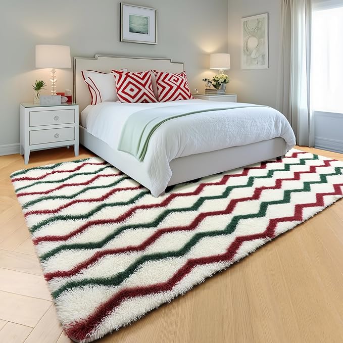 RUGTUDER Ultra Soft 5x8 Rugs Fluffy for Living Room, Washable Fuzzy Furry Rug for Bedroom, Non Slip Shaggy Striped Chevron Carpets for Girls Boys Room Teens Dorm Playroom Office, Cream Red Green