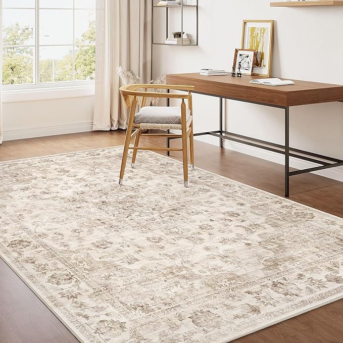 4x5 Washable Neutral Area Rug Beige Floral Living Room Bedroom Carpet Non-Slip Low Pile Vintage Soft Thin Throw Rug for Dining Room Entryway Dorm Office Kitchen Bathroom