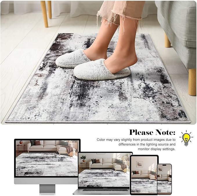 Washable Abstract Rug, 2x3 Small Modern Area Rugs with Non-Slip Rubber Backed for Kitchen, Thin but Soft Throw Carpet Bedroom Entryway Front Door Decor, Black Brown