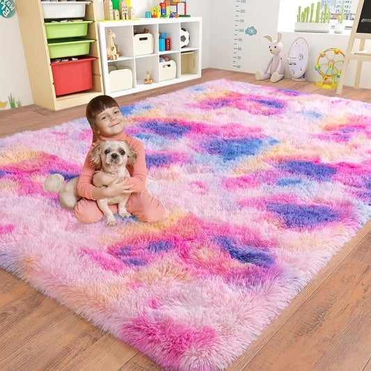 6x9 for Living Room Rugs, Plush Thick Carpets for Boy and Girls Room, Modern Soft Shag Area Rugs for Bedroom, Non Slip, Large Indoor Carpet for Nursery Dorms Home Decor Aesthetic, Rainbow