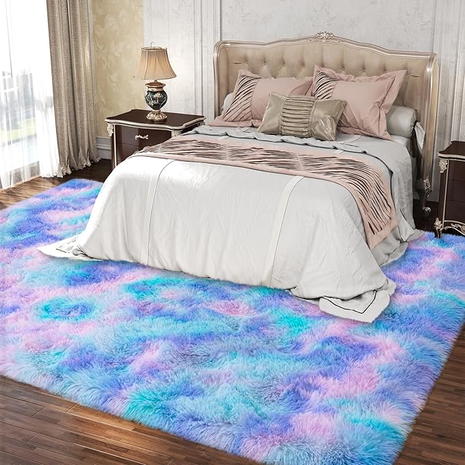 5x7 Area Rugs for Living Room, Plush Thick Carpets for Boy and Girls Room, Modern Soft Shag Rug for Bedroom, Non Slip, Large Indoor Carpet for Nursery Dorms Home Decor Aesthetic, Purple Rainbow