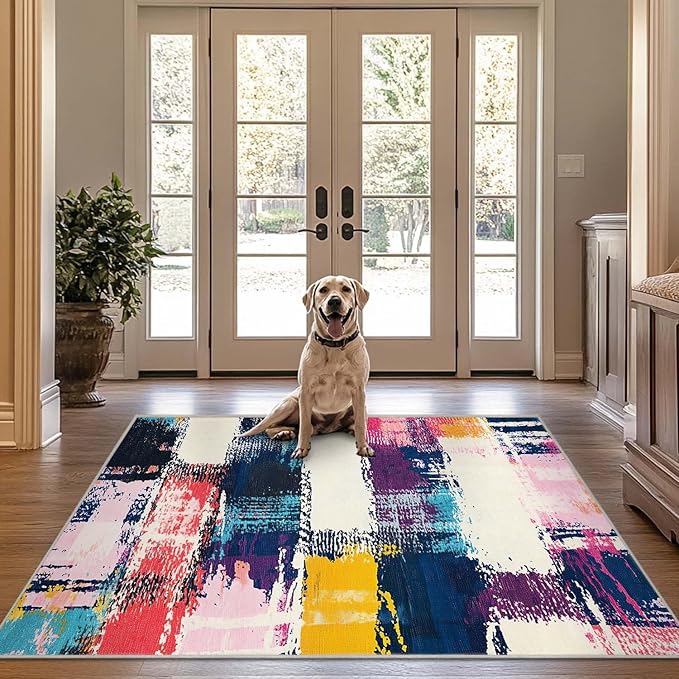4x6 Rug Abstract Colorful Area Rug Bedroom Ultra-Thin Soft Low Pile Large Carpet Living Room Non Slip Dining Room Office Stain Resistant Washable Machine
