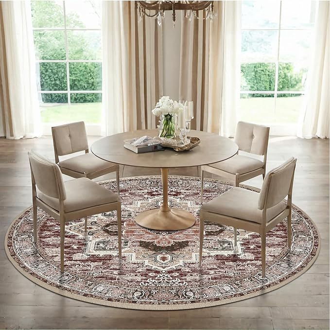 BESTSWEETIE 8ft Area Rugs for Living Room Washable Non Slip Carpet Low Pile Soft Vintage Print Pattern Rug for Bedroom Dining Room Kitchen Entryway Indoor-Wine/Brown/Brick/Black/Light tan