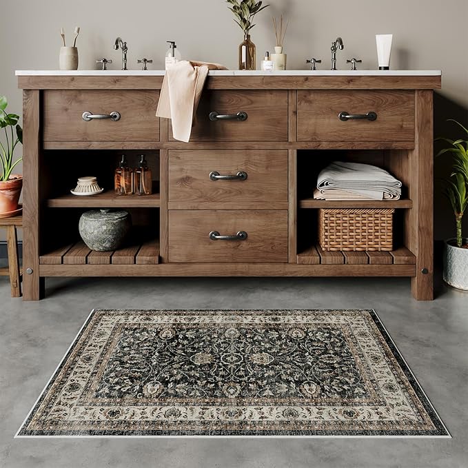 Dripex 2x3 Area Rugs, Machine Washable Non Slip Boho Rugs,Distressed Small Entryway Rug Doormat, No Pile Lightweight Vintage Rug, Floor Carpet for Front Entrance Kitchen Bathroom,Blue and Brown