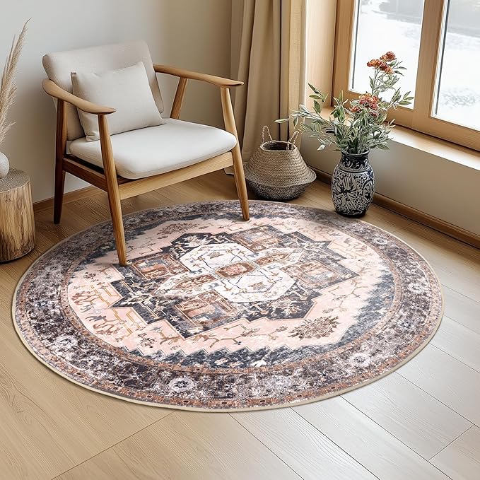 Washable 6ft Area Rugs, Rugs for Living Room, Low-Pile Water&Stain Resistant Carpet Vintage Distressed Printed Non-Slip Carpet for Bedroom Bathroom Kitchen-Pink/Brown/Navy Blue/Black