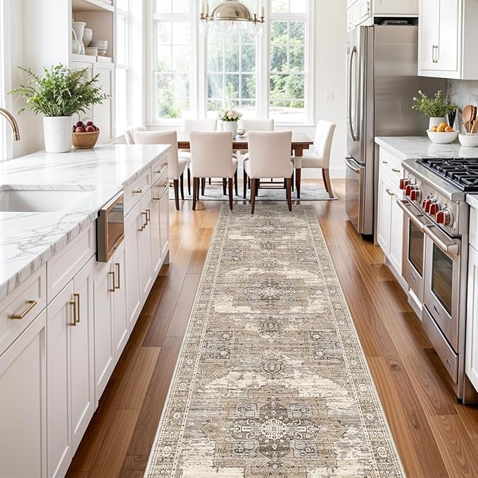 RUUGME Washable 3X14 Runner Rugs - Large Boho Rugs for Living Room Stain Resistant Carpet Vintage Tribal Rugs for Bedroom Kitchen Bathroom Non Slip Backing Home Decor Floor Decoration Mat 3X14 Beige