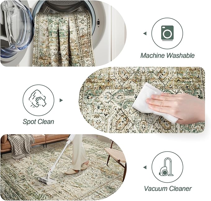 Washable Area Rug 8x10, Large Soft Rugs for Living Room Farmhouse Vintage Area Rugs for Bedroom Dining Room Non-Slip Stain Resistant Under Table Rug Olive Beige