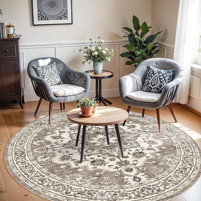 Washable Oriental Area Rug - 9ft Round Rugs for Living Room Soft Carpet for Bedroom Waterproof Floral Distressed Indoor Stain Resistant Non-Shedding Floor Carpets (Beige, 9ft-Round)
