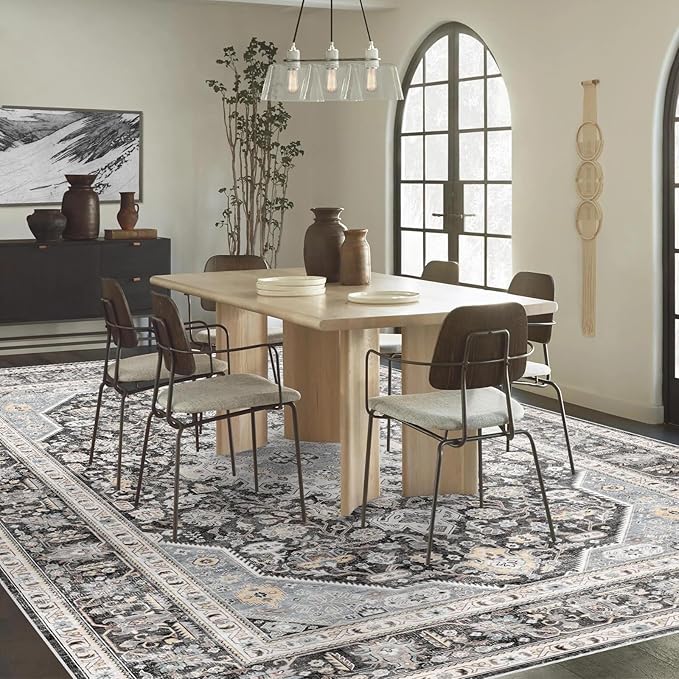 Washable Area Rug 8x10 - Bedroom Living Room Large Indoor Rugs Soft Oriental Vintage Rugs Non-Slip Backing Stain Resistant for Farmhouse Kitchen (Slate Grey/Black 8x10)